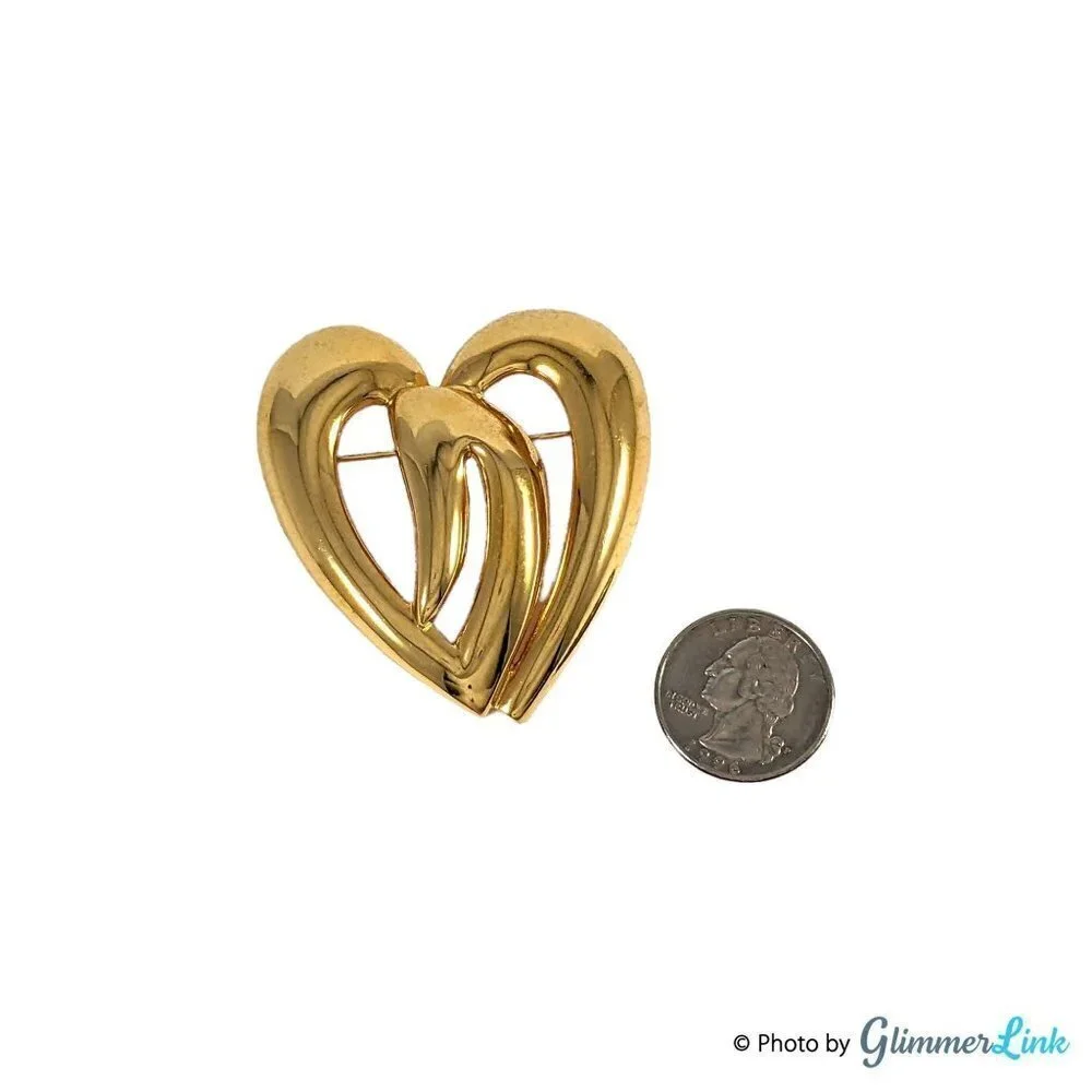 Vintage Large Gold Tone Polished Heart Brooch Pin